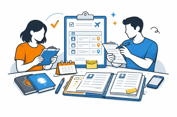 Semi-flat vector scene of organized travel history records, passports, visa approvals and notes arranged neatly on a desk, faceless abstract characters, calm organized atmosphere, minimal background, Aid-Air palette.