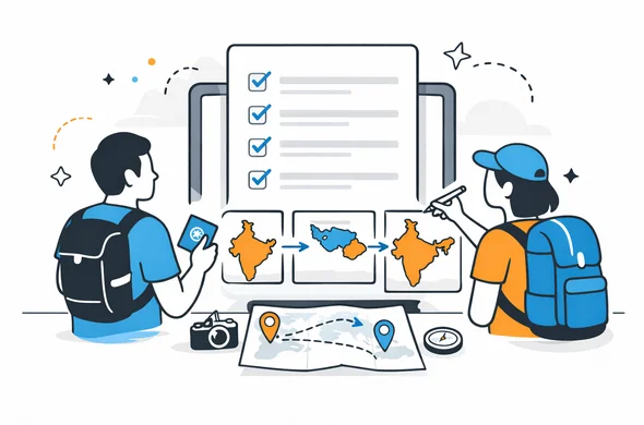 Flat semi-flat vector illustration of itinerary checklist for exiting and re-entering India, clean modern tech interface, faceless abstract characters, calm organized atmosphere, minimal background, Aid-Air palette.