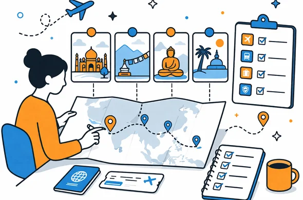 Flat semi-flat vector illustration of organized multi-country Asia travel planning, checklist, route cards, calm faceless abstract characters, clean modern tech feel, minimal background, Aid-Air palette.