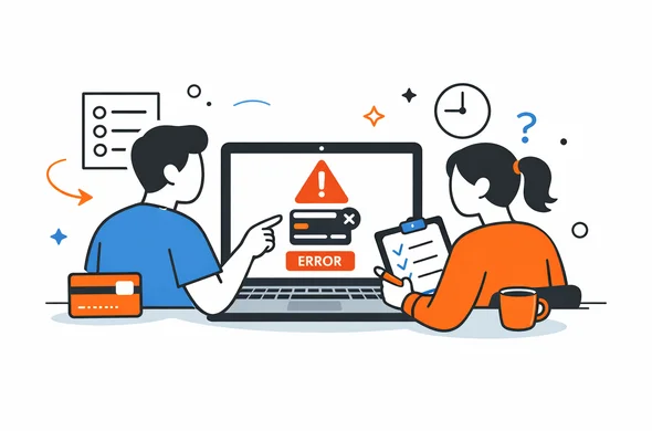 Flat vector illustration of an online visa payment error on a laptop screen, abstract faceless characters calmly reviewing steps, clean modern tech feel, minimal background, organized atmosphere, Aid-Air palette.