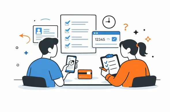Flat semi-flat vector checklist for retrying an online visa payment, abstract faceless characters reviewing documents and status on screens, calm organized atmosphere, minimal background, Aid-Air palette.