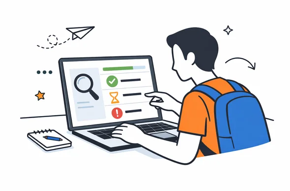 Flat semi-flat vector illustration of a traveler checking India e-visa application status on a laptop dashboard, clean modern tech feel, faceless abstract characters, calm organized atmosphere, minimal background, Aid-Air palette.