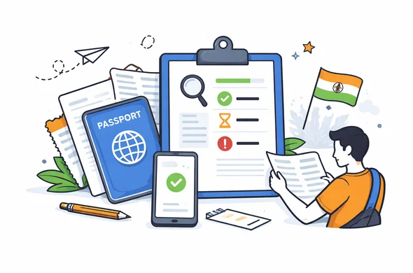Flat semi-flat vector illustration of organized visa status tracking with documents, passport and India travel symbols, clean modern tech feel, faceless abstract characters, calm organized atmosphere, minimal background, Aid-Air palette.
