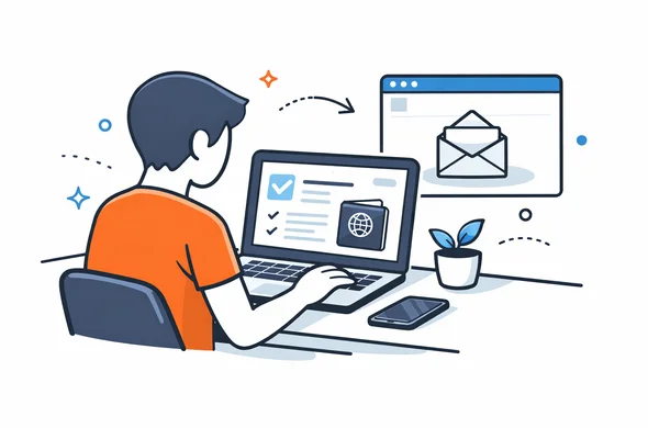 Flat semi-flat vector illustration of a traveler checking India e-visa approval on a laptop while email inbox looks empty, clean modern tech feel, faceless abstract characters, calm organized atmosphere, minimal background, Aid-Air palette.