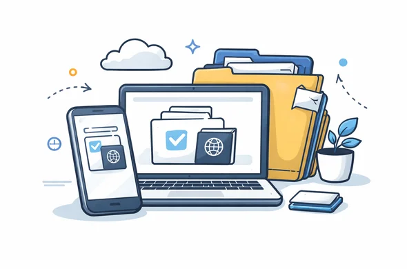 Flat semi-flat vector illustration of organized digital document saving for India e-visa, phone and laptop with approved file, clean modern tech feel, faceless abstract characters, calm organized atmosphere, minimal background, Aid-Air palette.