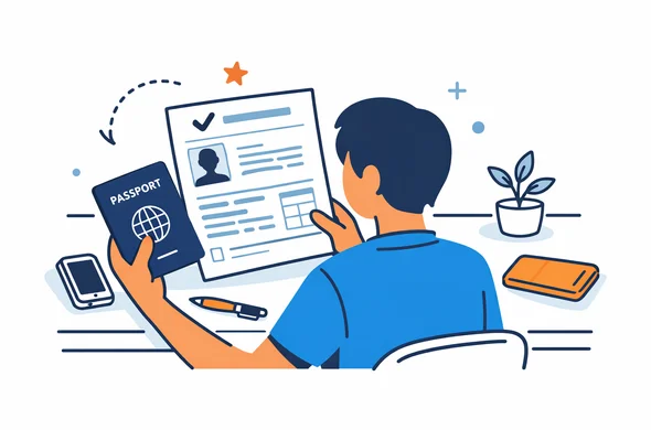 Flat vector illustration of a traveler comparing an India e-visa approval document with a passport on a clean desk, modern tech style, faceless abstract character, calm organized atmosphere, minimal background, Aid-Air palette.