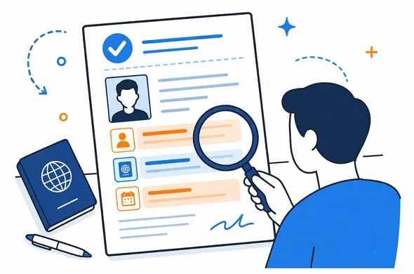 Flat vector close-up of an approval document with highlighted fields like name, passport number and dates, clean modern interface feel, faceless abstract character, calm organized atmosphere, minimal background, Aid-Air palette.