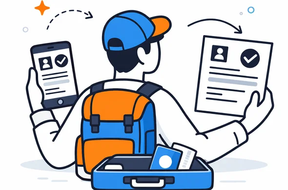 Flat semi-flat vector illustration of a traveler comparing a digital visa approval on a smartphone and a printed paper copy, clean modern tech feel, faceless abstract characters, calm organized atmosphere, minimal background, Aid-Air palette.