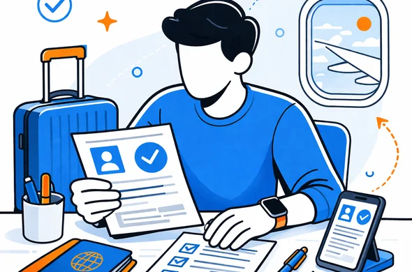 Flat semi-flat vector illustration of organized travel documents on a desk before a flight to India, passport, printed approval, smartphone, clean modern tech feel, faceless abstract characters, calm organized atmosphere, minimal background, Aid-Air palette.