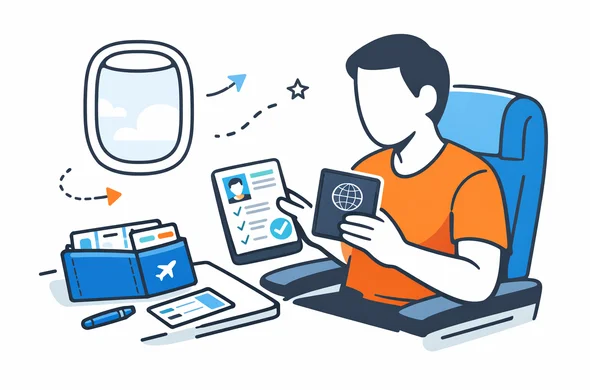 Flat semi-flat vector illustration of a traveler organizing passport and e-visa approval before landing, clean modern tech feel, faceless abstract characters, calm organized atmosphere, minimal background, Aid-Air palette.