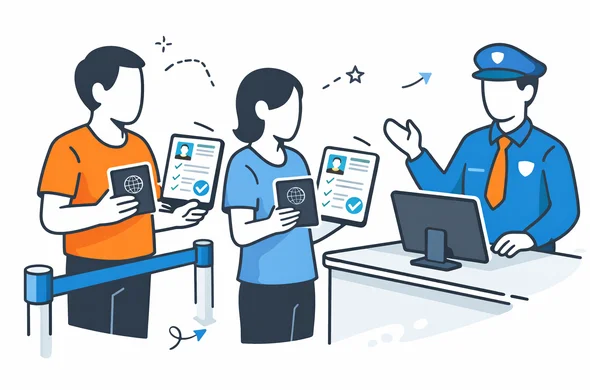 Flat semi-flat vector illustration of airport immigration checkpoint with organized travelers holding passport and e-visa documents, clean modern tech feel, faceless abstract characters, calm organized atmosphere, minimal background, Aid-Air palette.