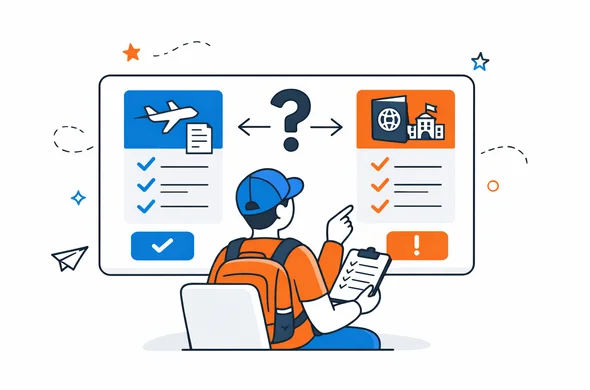 Flat semi-flat vector illustration, modern tech style, abstract faceless traveler comparing visa route options for India on a calm dashboard, organized layout, minimal background, Aid-Air color palette