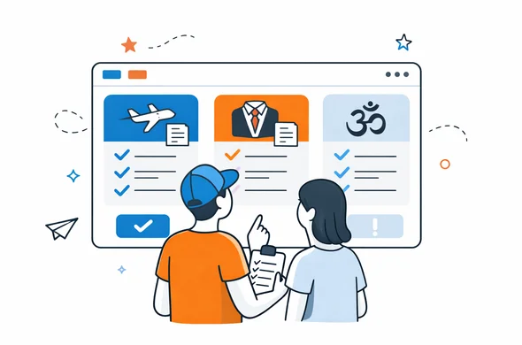 Flat semi-flat vector illustration, abstract faceless characters reviewing travel purpose categories before selecting an India visa route, clean modern interface, calm organized atmosphere, minimal background, Aid-Air palette