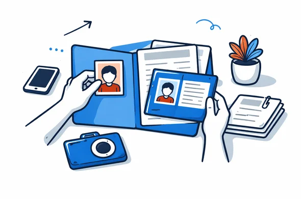 Flat vector illustration of organizing a child passport photo and passport before an India visa application, clean modern tech style, faceless abstract characters, calm organized atmosphere, minimal background, Aid-Air palette