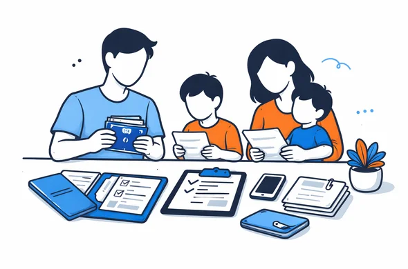 Flat vector illustration of a family calmly preparing organized travel documents for India, clean modern tech feel, faceless abstract characters, minimal background, calm organized atmosphere, Aid-Air palette