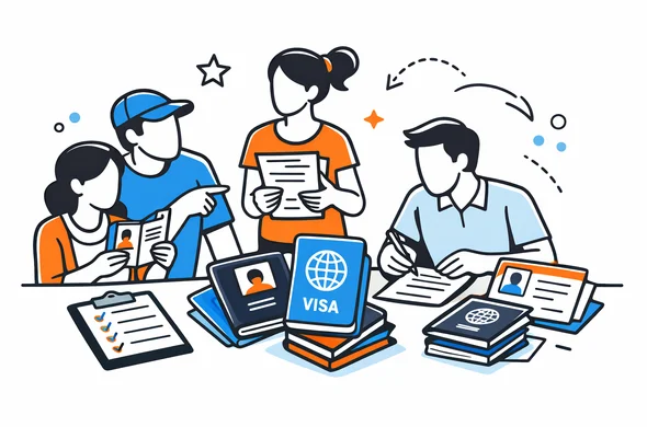 Flat vector illustration of travelers organizing passports and visa papers for a group trip to India, clean modern tech feel, faceless abstract characters, calm organized atmosphere, minimal background, Aid-Air palette
