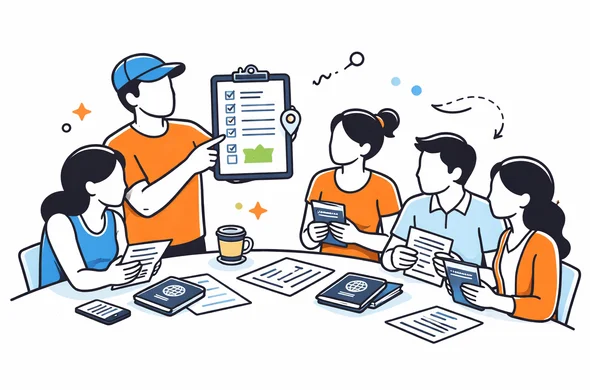 Flat vector illustration of a group organizer sharing structured travel details with participants before visa application, clean modern tech feel, faceless abstract characters, minimal background, Aid-Air palette