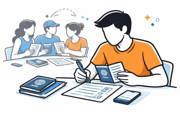 Flat vector illustration of an individual traveler reviewing passport and visa form while part of a group setting, clean modern tech feel, faceless abstract characters, calm organized atmosphere, minimal background, Aid-Air palette