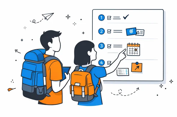 Flat semi-flat vector illustration of young travelers gaining clarity on trip preparation steps, organized calm atmosphere, modern tech feel, faceless abstract figures, minimal background, Aid-Air palette