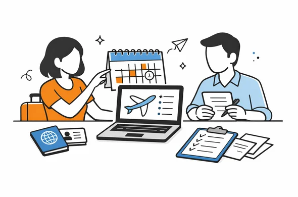 Flat semi-flat vector illustration of planning a short business trip to India, documents, calendar and laptop on desk, faceless abstract characters, calm organized atmosphere, minimal background, Aid-Air palette.