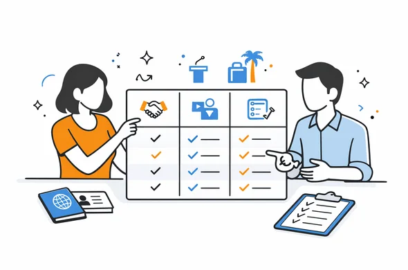 Flat semi-flat vector illustration of comparing trip purposes to India in a clean organized table, abstract faceless characters reviewing travel categories, modern tech feel, minimal background, Aid-Air palette.