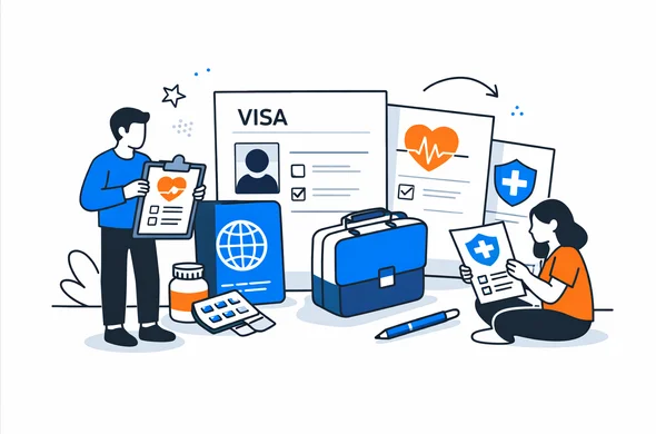 Flat semi-flat vector illustration of organized visa paperwork with health documents and insurance papers, faceless abstract characters, calm organized atmosphere, minimal background, Aid-Air palette, clean modern tech feel