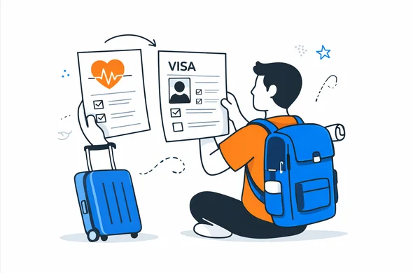 Flat vector illustration of a traveler comparing a medical summary document with visa documents, faceless abstract characters, calm organized atmosphere, minimal background, Aid-Air palette, clean modern tech feel