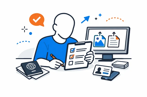 Flat semi-flat vector illustration of a person reviewing India visa documents on a desk, checklist, passport, uploaded files, calm organized atmosphere, faceless abstract character, minimal background, Aid-Air palette, clean modern tech feel