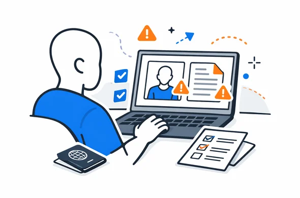 Flat semi-flat vector illustration of reviewing passport photo and visa file uploads on a laptop screen, checklist and warning icons, faceless abstract character, calm organized atmosphere, minimal background, Aid-Air palette, clean modern tech feel
