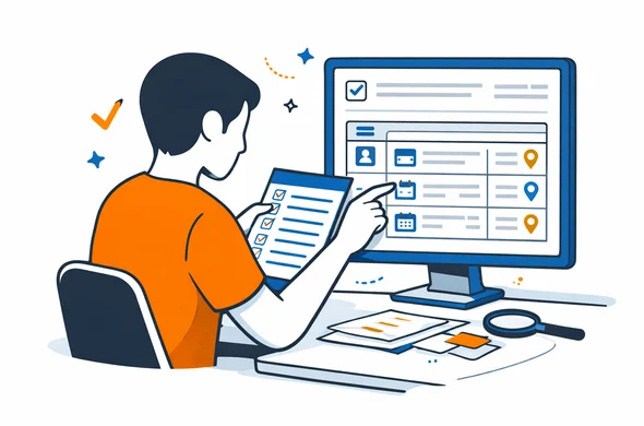 Flat vector illustration of final review before submitting a visa form, faceless abstract character checking a previous visits section with calm organized interface, minimal background, Aid-Air palette.