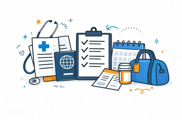 Flat semi-flat vector illustration of medical documents, passport, clipboard checklist and travel preparation items, calm organized atmosphere, faceless abstract style, minimal background, Aid-Air palette, clean modern tech feel