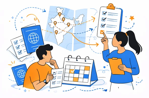Flat semi-flat vector illustration of checking travel itinerary against visa application details, with abstract faceless characters, checklist, calendar, passport and route arrows, calm organized atmosphere, minimal background, clean modern tech feel, Aid-Air palette
