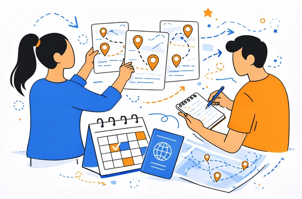 Flat semi-flat vector illustration of organizing a long India travel plan with route cards, notebook, passport, map markers and abstract faceless characters, calm organized atmosphere, minimal background, clean modern tech feel, Aid-Air palette